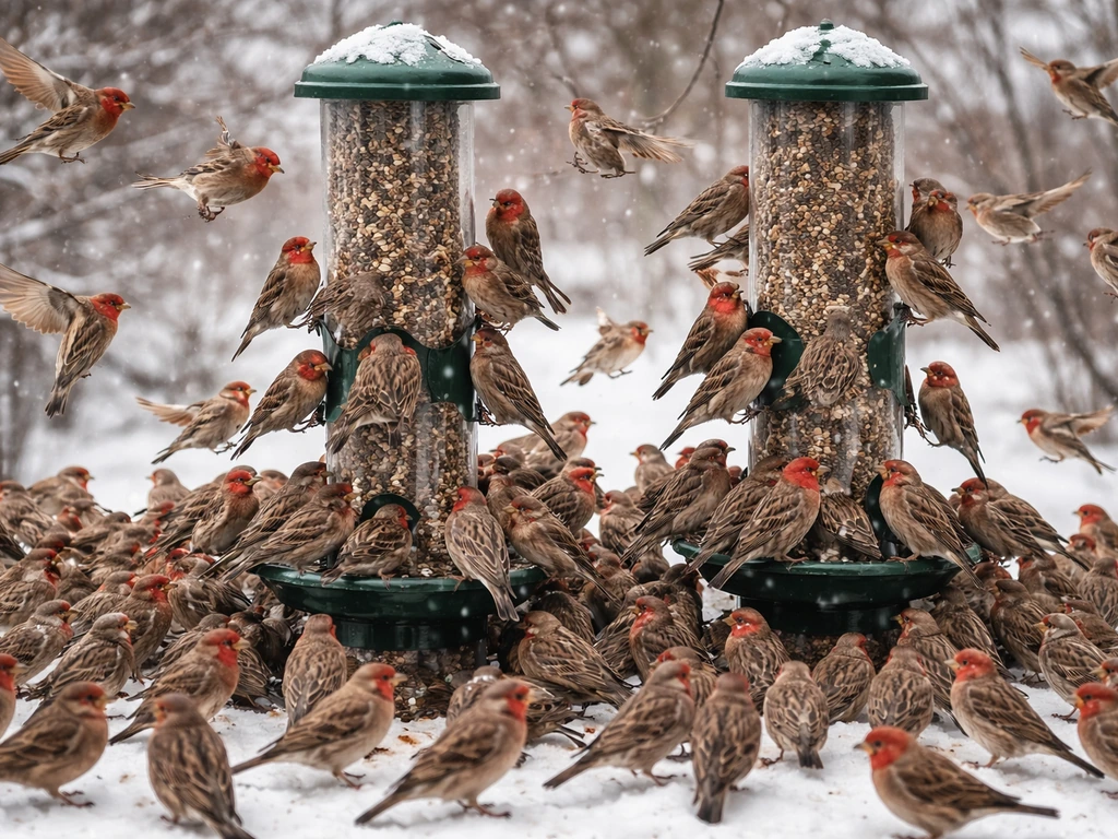 Hundreds of house finches clustered at two winter bird feeders, noisy flocking activity in falling snow.