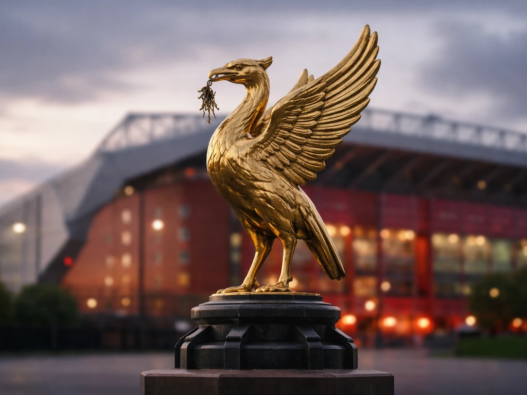 Golden Liver Bird statue with a blurred Liverpool stadium backdrop, symbolizing Liverpool FC bird meaning.