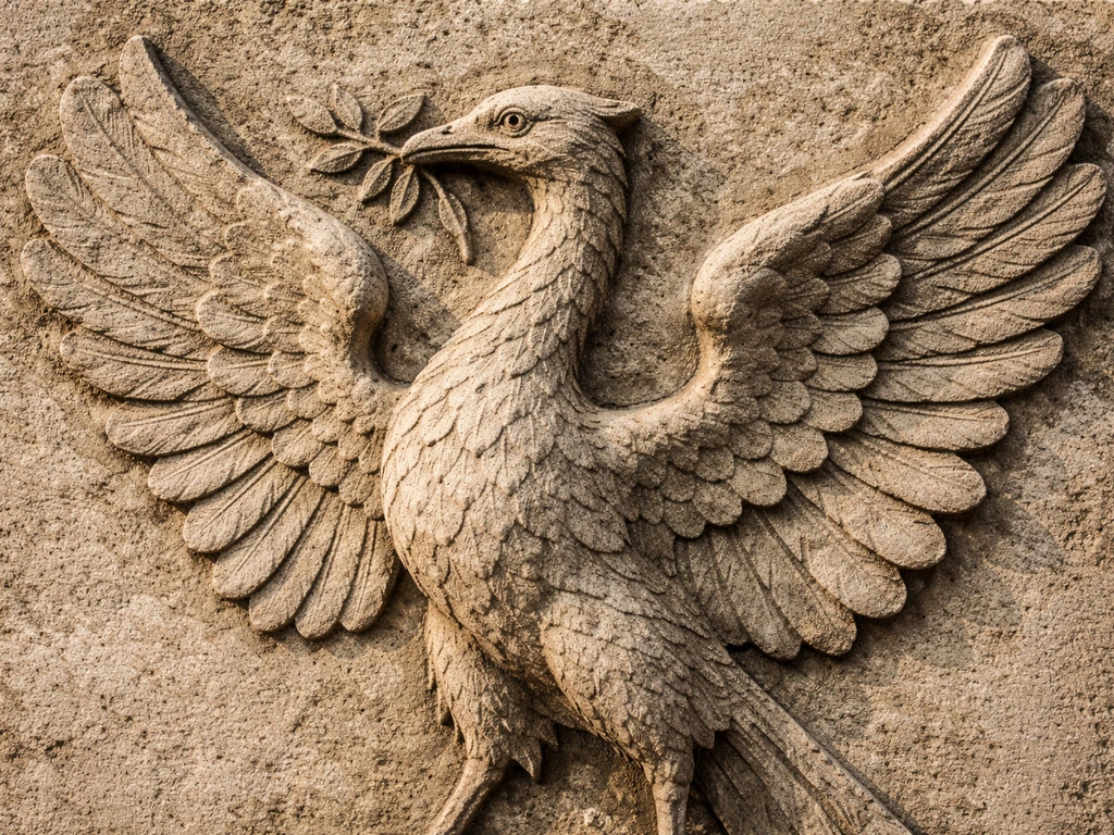 Close-up of a carved heraldic bird emblem with raised wings, resembling the Liver Bird motif.