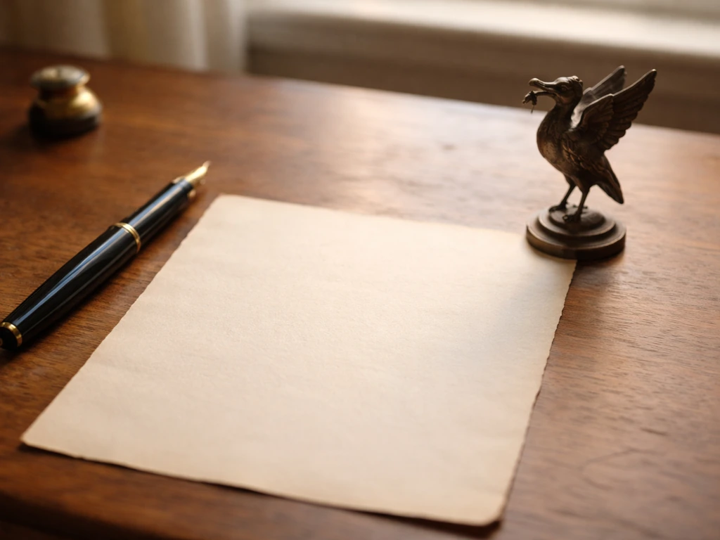 Vintage pen and aged paper on a desk with a small bronze liver bird figurine nearby.