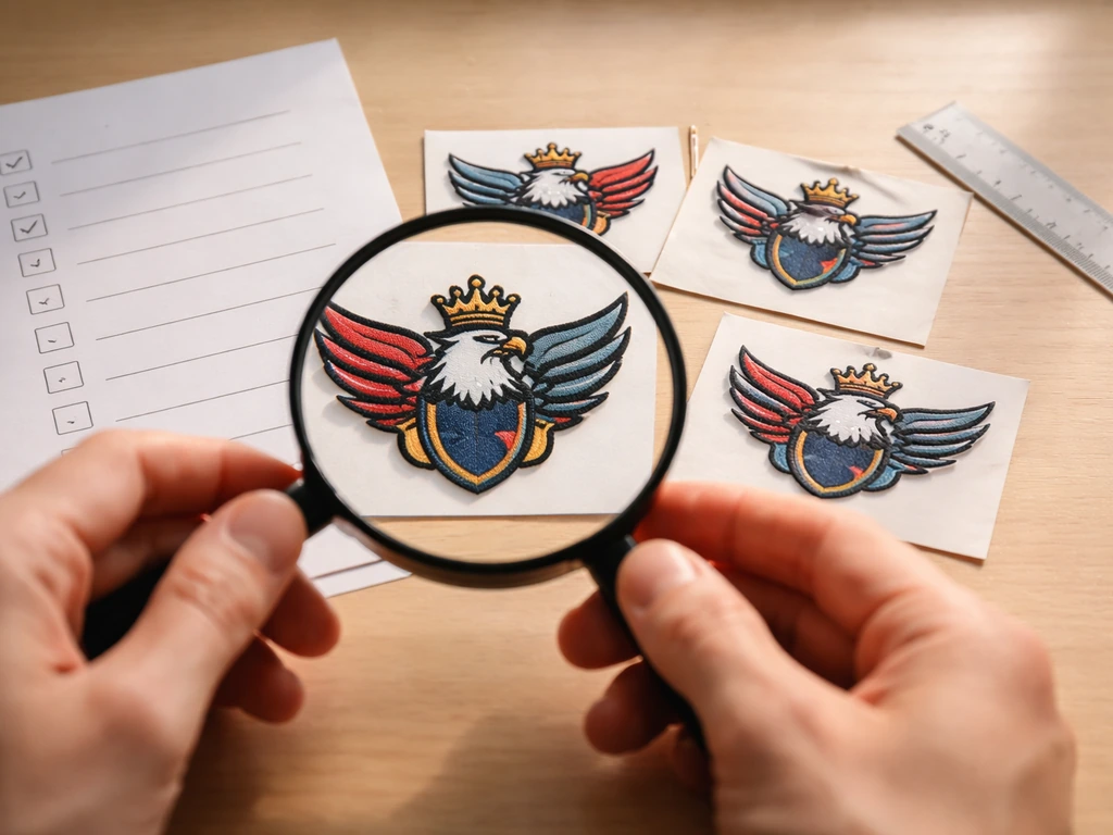 Hands use a magnifying glass to compare bird details on photos and a fabric patch beside blank checklist.