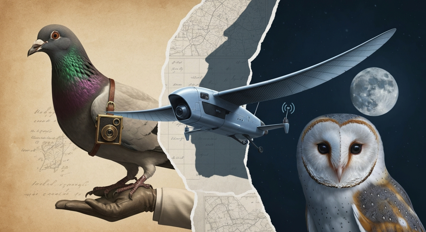 Illustration combining a sepia homing pigeon with a tiny breast camera, a modern bird-like drone in flight, and a moonlit barn owl face, layered over faint patent diagrams and a map background to evoke historical and modern 'spy bird' meanings.