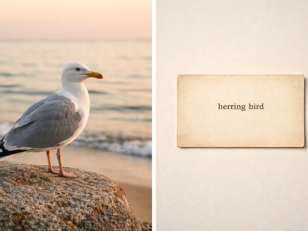 Split-view photo: herring gull in flight beside a vintage label card reading “herring bird”.