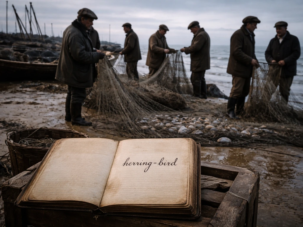 19th-century coastal fishermen by nets and boats, with an open notebook showing the handwritten term “herring-bird”.