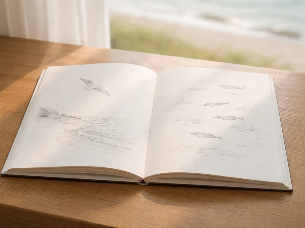 Open poetry book showing seabird and herring-like fish imagery on printed pages.