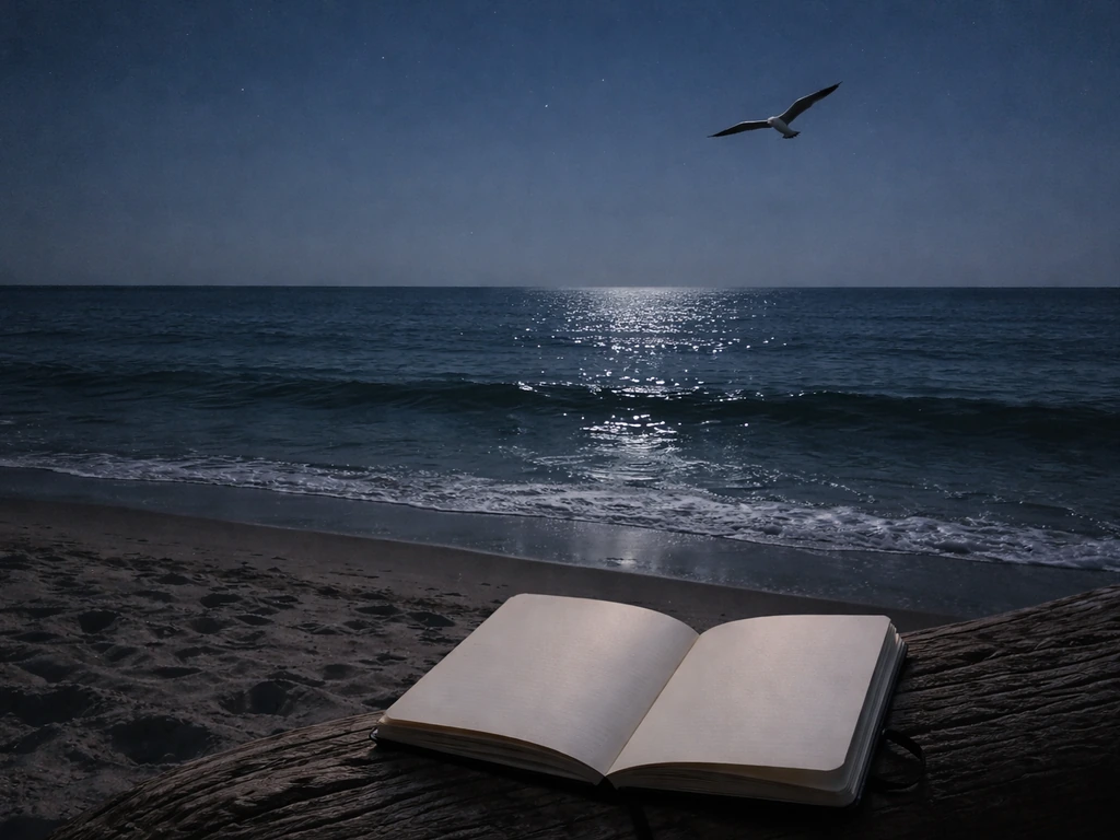 Night seaside with a herring gull flying over gently lit waves and a blank dream journal page.