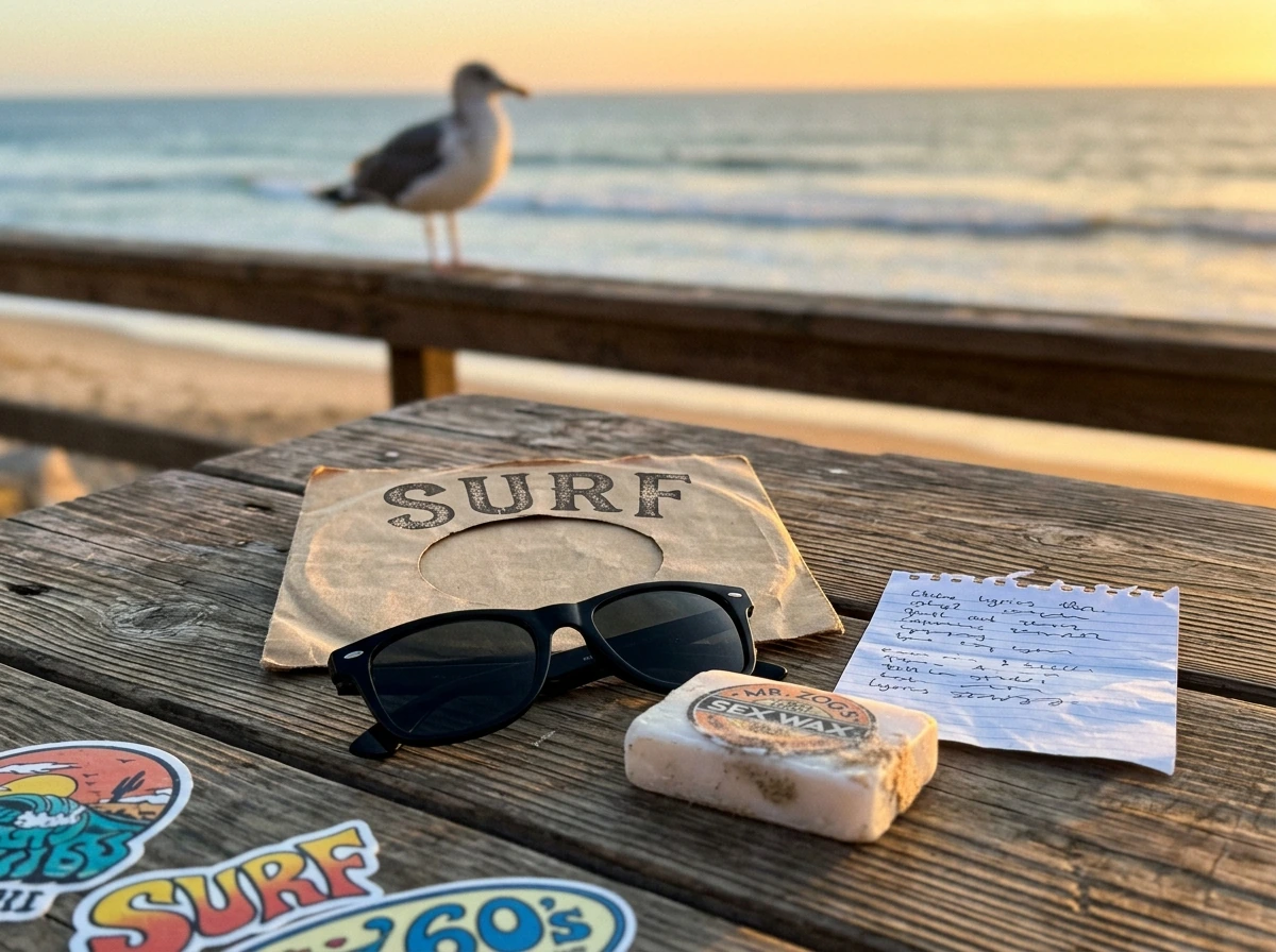 Vintage surf record objects with a seagull on a railing by the ocean