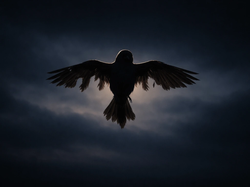 Moody silhouette of a bird missing feather detail, hovering against a dark background to suggest vulnerability and symbo