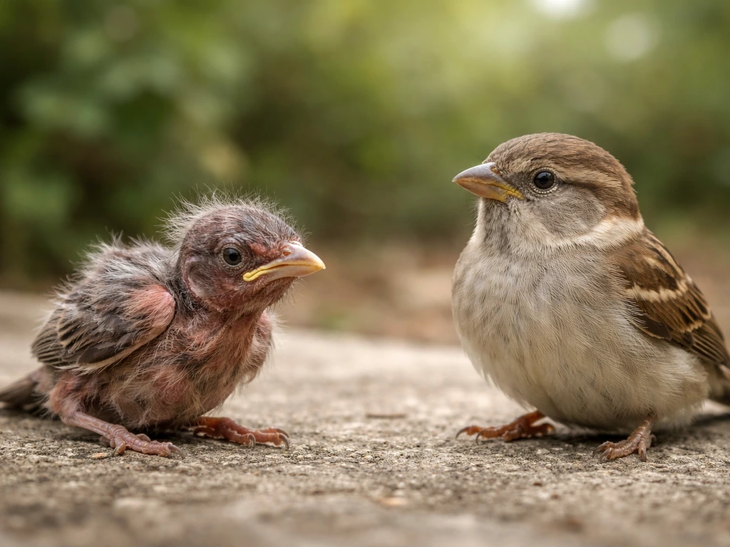 Two small birds side-by-side: one featherless and injured, the other fully feathered.