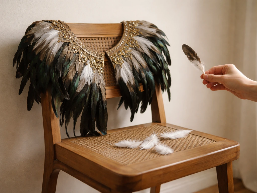 Hands pluck a loose feather from a draped feathered collar on a chair, symbolizing borrowed plumes.