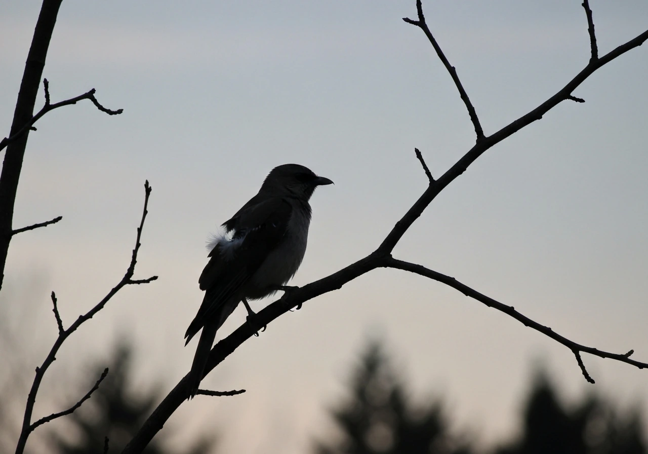 Bare bird silhouette with missing feather textures on a muted branch, symbolizing vulnerability and identity loss.