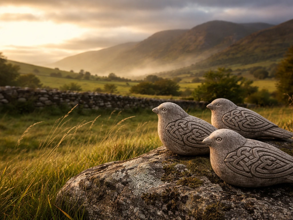 Misty Munster countryside with weathered Celtic bird carvings on stone in the foreground.