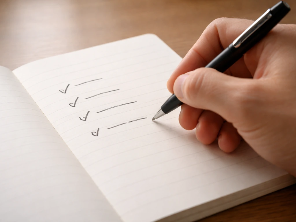Close-up of a blank notebook page with a simple handwritten checklist about spelling and source location
