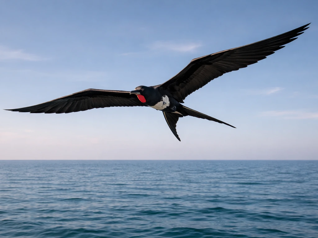 Magnificent frigatebird in flight with long wings and a deeply forked scissor tail over the ocean